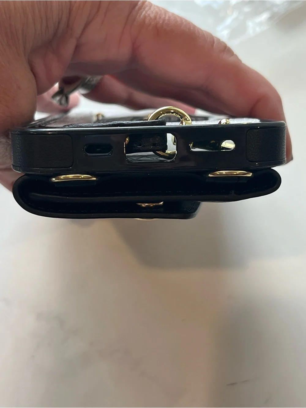 Black Phone Wallet Case with Gold Hardware and Ring Holder